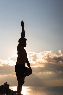 Tanınmayan erkek silueti ağaçta dengede duruyor. Kollarını kaldırmış, bulutlu gökyüzüne karşı yoga yapıyor.