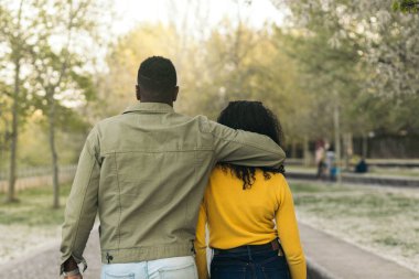 Parkta yürüyen Afro-Amerikan bir çiftin arka görüntüsü.