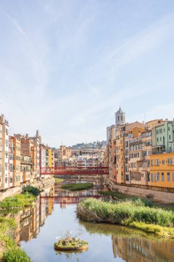 Girona Katedrali manzarası ve çiçekli Onyar Nehri 'nin renkli evleri. Girona Temps de Flors, Katalonya şehir simgesi ve seyahat noktası.