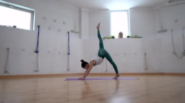 Spor kıyafetleri içinde üç bacaklı, aşağıya bakan köpek ve yüksek kobra pozlarını gösteren yan manzara.