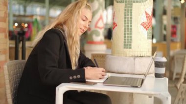 Yoğunlaşmış kadın serbest yazar dizüstü bilgisayarla, kahveyle ve kafede çalışırken planlamacıdan not alıyor.