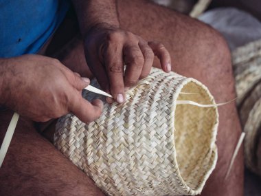 Bir zanaatkârın, bir palmito sepetini titizlikle dokuduğu ve bu geleneksel sanattaki ustalığı gözler önüne serdiği yakın plan.