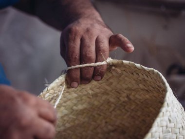 Geleneksel bir palmito sepeti dokumakta olan bir zanaatkârın ayrıntılı zanaatkarlığını yakına çekerek, karmaşık el becerisini ve kültürel sanatını vurguluyor.