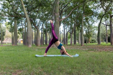 Aktif giyimli bir kadın yan görünüşü yan tahtada duruyor. Doğada yeşil çimlerin üzerinde duruyor.