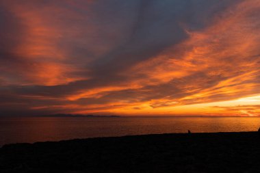 Gün batımında renkli bulutlu gökyüzünün altında sahilden okyanusa dalan gezgin siluetinin muhteşem manzarası.