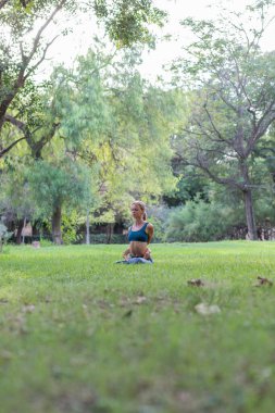 Aktif kıyafetli sakin bir kadın gündüz vakti yeşil çimlerde yoga yaparken asana dansı yapıyor.