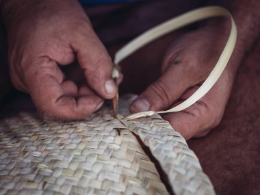 Detaylı bir yakın plan, palmito şeritlerinden bir sepet dokumakta olan bir zanaatkârın yetenekli ellerini yakalıyor ve geleneksel basketbol sanatını gözler önüne seriyor.