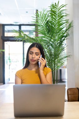 Kafedeki ahşap masada oturan ve netbook 'ta yazarken telefonla konuşan ciddi bir serbest çalışan kadın.