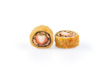 A close-up image showing two pieces of sushi with a crisp outer layer and salmon filling, presented on a pristine white background Perfect for culinary and food-related themes clipart