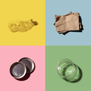 Renkli bölgelerdeki günlük öğelerin kolajı, sürdürülebilirlik ve geri dönüşüm gösterimi.