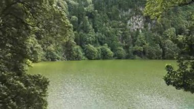 Bir dron, Azores 'deki yemyeşil ormanların arasına yerleşmiş sakin bir gölün huzur veren güzelliğini yakalar ve canlı doğal manzaralar sergiler.