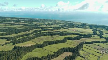 Azores 'in yemyeşil otlakları ve tarlaları, ağaçlarla çevrili ve yarı bulutlu bir gökyüzünün altında canlı mavi okyanusla çevrili.