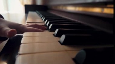 Yakın çekim, klasik bir piyanonun fildişi tuşlarıyla çalan genç bir kızın narin ellerini yakalamak, müzik ve sanat duygusunu çağrıştırıyor.