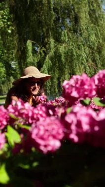 Saman şapkalı bir kadının canlı pembe çiçeklere hayran olduğu sakin bir sahne. Parlak güneş ışığı altında yemyeşil bir zemin altında, Amsterdam şehrinde sonbaharda.