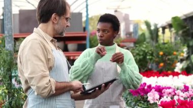 Çizgili önlüklü iki bahçıvan canlı çiçek dolu bir serada dijital tablet kullanırken bitki bakımını tartışıyor, takım çalışması ve teknoloji sergiliyor.