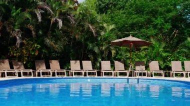 Golfo de Papagayo 'da sakin bir havuz sahnesi, Kosta Rika şezlongları ve tropikal yeşillikler altında bir şemsiye sunumu, ferahlatıcı bir havuzu davet eden el değmemiş mavi bir havuz.