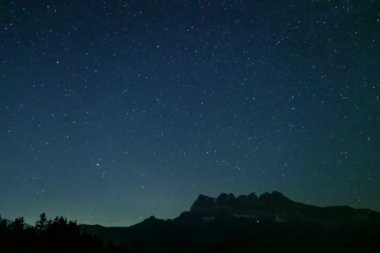 Saman Yolu 'nun İsviçre Alplerindeki Dents du Midi tepeleri üzerinde çarpıcı bir zaman çizelgesi yıldızlı gece gökyüzü ve dağ silueti sakin ve büyülü bir astrofotografi sahnesi yaratır.