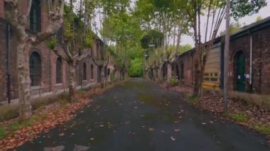 Terk edilmiş bir fabrikanın dış görünüşü, tuğla binalar, fazla gelişmiş bitki örtüsü ve ağaçlarla kaplı çatlak bir yol. Kentsel bozulma ya da nostaljik görüntüler için mükemmel..