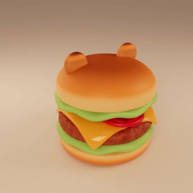 Ayı şeklinde bir hamburgerin hoş bir 3 boyutlu animasyonu yerinde dönüyor. Kulaklar, gülümseyen bir yüz, marul, peynir ve domates gibi sevimli detaylarla, bu eğlenceli ve yaratıcı yemek görselleri için mükemmel bir tasarım.
