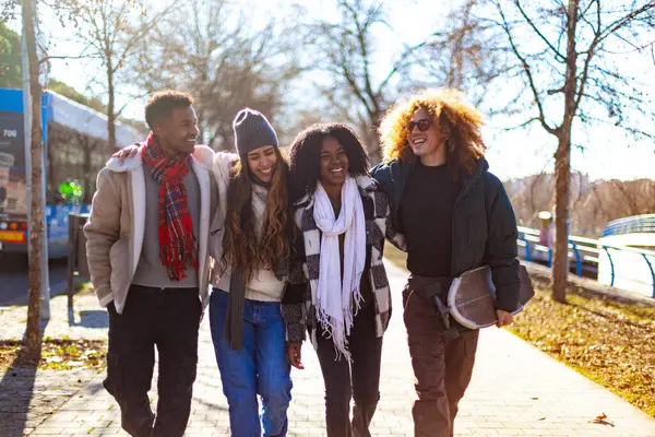 Güneşli bir kış gününde dört neşeli çoklu etnik öğrenci birlikte yürüyorlar.