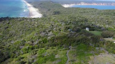 Göz kamaştırıcı Avustralya kıyı şeridinin havadan görünüşü el değmemiş kumlu plajlar, berrak mavi okyanus ve yoğun, yemyeşil orman. Gökyüzünün altında İdilik Doğa Sahnesi.