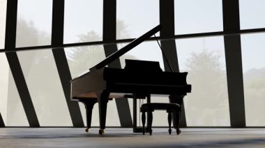 Çağdaş bir iç mekanda üç boyutlu bir kuyruklu piyano. Doğal ışık geniş geometrik pencerelerden süzülerek yaratıcılık için ideal sakin bir atmosfer yaratır..