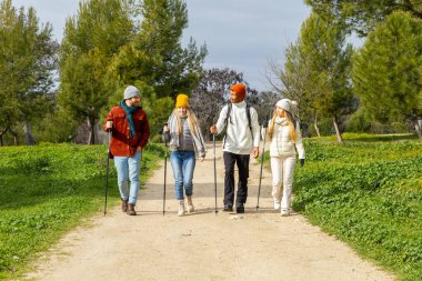 Dört mutlu arkadaş kış boyunca parkta İskandinav yürüyüş direkleri ile yürüyüp temiz havanın ve birbirlerinin arkadaşlığının tadını çıkarıyorlar.