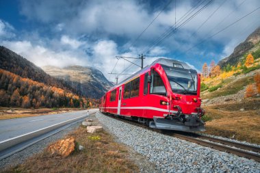 Kızıl modern yolcu treni sonbaharda günbatımında İsviçre Alplerinde demiryolunda hareket ediyor. Trenle yüksek dağlar, yollar, sonbaharda portakal ağaçları. Bernina Express, İsviçre. Geçişi koruyun.