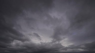 Fırtınalı bir gökyüzünde karanlık ve önsezili bulutların hareketlerini gösteren, dinamik ve kasvetli atmosferi gösteren zaman dilimi videosu..