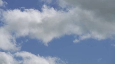 Beyaz bulutların parlak mavi bir gökyüzünde hızla sürüklenip havanın dinamik doğasını gösteren bir zaman dilimi videosu..