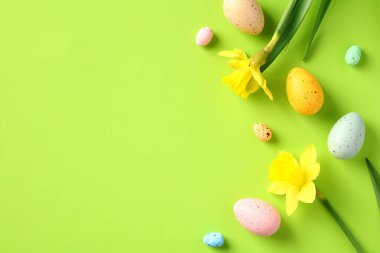 Renkli Paskalya yumurtaları ve yeşil zemin üzerinde nergis çiçeği bulunan düz bir kompozisyon sergiliyordu. Mutlu Paskalya tebrik kartı tasarımları. Üst görünüm, alanı kopyala.