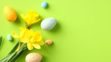 Renkli Paskalya yumurtaları ve nergis çiçekleriyle Mutlu Paskalya bayrağı