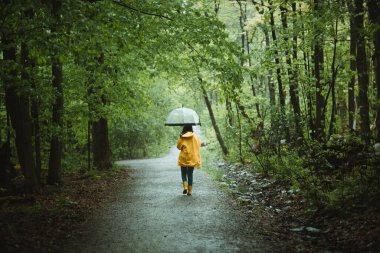 Ormanda elinde şemsiyeyle dolaşan isimsiz bir kadın.