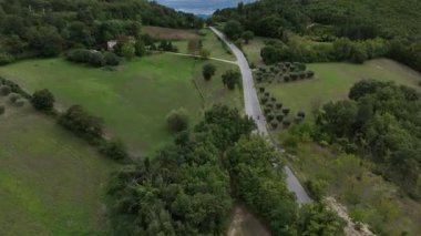 İtalya 'nın pitoresk Marche bölgesinde, bulutlu bir gökyüzünün altında yemyeşil çayırlarda ve zeytinliklerde kıvrılan sakin kırsal bir yolun havadan görünüşü.