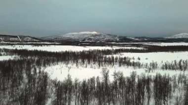 Bir insansız hava aracı tarafından yakalanan bu video Norveç 'te çarpıcı bir kış manzarası sergiliyor ve karla kaplı geniş araziyi vurguluyor. Beyaz alana karşı ışık kontrastıyla yıkanmış seyrek ormanlar ve uzak bir dağ