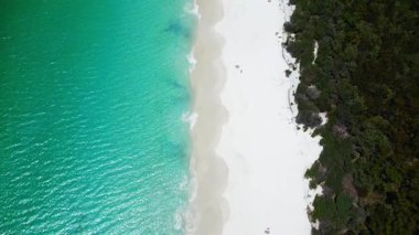 Nefes kesici bir hava aracı görüntüsünde kristal berrak turkuaz suları, yumuşak beyaz kumları ve yemyeşil yeşillikleri olan el değmemiş bir kumsal Avustralya 'nın Jervis Körfezi' nde huzurlu bir sahil cenneti sunuyor..