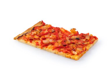 Kızarmış kırmızı biberli ve soğanlı nefis koka. Katalan mutfağının lezzetlerini sergiliyor.