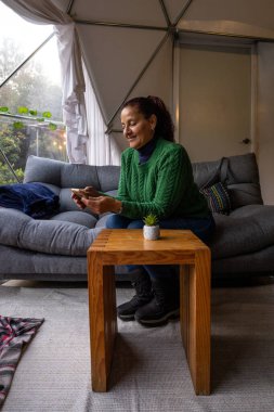 Yeşil kazaklı bir kadın, bir koltukta oturup göz kamaştırıyor, akıllı telefonuna bakarken gülümsüyor. Sıcak, rahat iç mekan rahatlık ve rahatlık yayar..