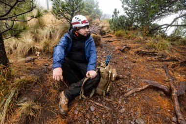 Mavi ceketli ve kasklı bir yürüyüşçü sisli bir orman yolunda duruyor. Bereketli yeşilliklerle çevrelenmiş, Sırt çantasının yanında dinleniyor Nemli, topraksı çevrenin ortasında.