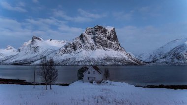 Norveç 'in Senja kentindeki görkemli dağlarla kaplı karla kaplı bir manzaranın ortasında, sakin ve kasvetli bir kış sabahını yansıtan, tek bir beyaz saray var..