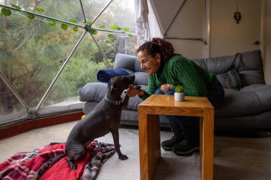 Yeşil kazaklı bir kadın sıcak bir glamping içinde köpeğiyle hassas bir anı paylaşıyor. Davetkar mekanda bir kanepe, ahşap masa ve dışarıdaki yemyeşil doğa manzarası var..