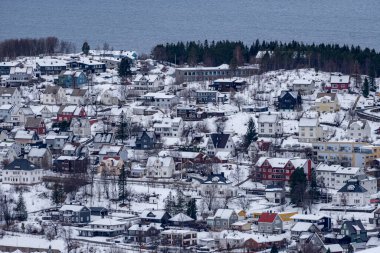 Norveç, Narvik 'in serin kış aylarında karla kaplanmış yoğun yerleşim yerlerini gösteren manzarası okyanus kıyısında çeşitli renkli çatılar sergiliyor.