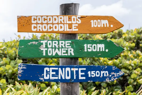 Cozumel 'deki bir direkte canlı ahşap tabelalar, hem İspanyolca hem de İngilizce olarak timsah bölgesine, kuleye ve mezara uzaklıklar gösteriyor. İşaretler eskimiş ve yemyeşil bir zemin üzerine kurulmuş..
