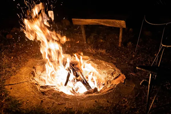 Doğayla çevrili parlayan bir kamp ateşi, ormandaki gece gökyüzüne sıcak bir ışık tutuyor. Kırsal ahşap bir bank ve sandalyeler toplantı için mükemmel bir ortam yaratır..