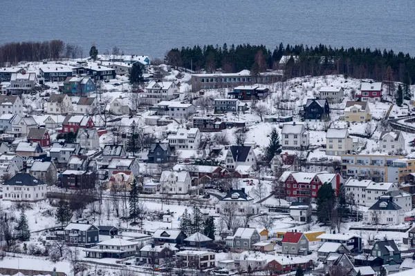 Norveç, Narvik 'in serin kış aylarında karla kaplanmış yoğun yerleşim yerlerini gösteren manzarası okyanus kıyısında çeşitli renkli çatılar sergiliyor.