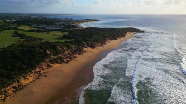 Avustralya 'daki muhteşem Büyük Okyanus Yolu sahil şeridinin havadan görünüşü temiz bir gökyüzü altında kumlu plajların, yemyeşil suların ve okyanus dalgalarının güzel bir karışımını sergiliyor.