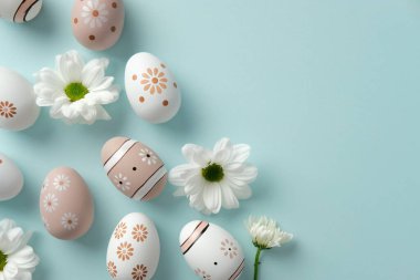 Açık mavi arka planda çiçekli Paskalya yumurtaları ve papatyalar. Düz konum, üst görünüm, kopyalama alanı