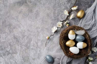 Paskalya yumurtaları altın, beyaz ve mavi renklerde zarif bir yuva, dokulu gri arka planda açan dallarla çevrili.