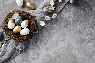 Zarif Paskalya dairesi, altın, beyaz ve benekli yumurtalarla bir yuvada bulunur. Gri desenli arka plan, beyaz kiraz çiçekleri.