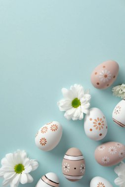 Mutlu Paskalya bayrağı tasarımı. Çiçekli Paskalya yumurtaları ve açık mavi arka planda beyaz papatyalar. Düz yatış, üst görünüm.